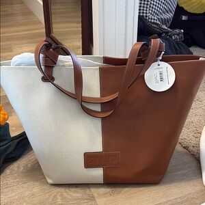 STAUD Ida Canvas Tote - Cream and Tan